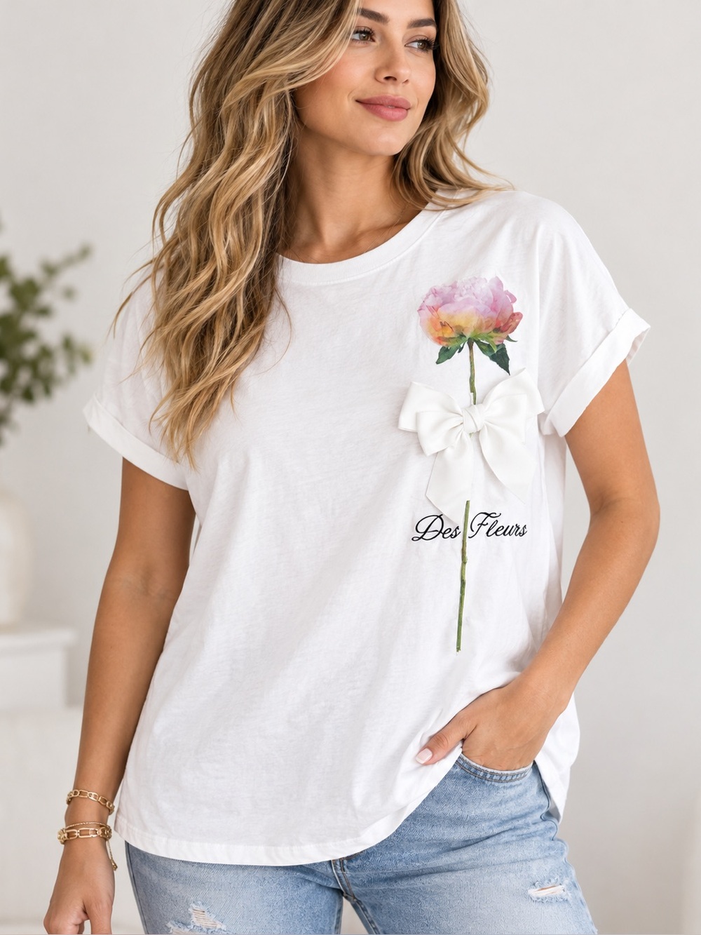 077.New Des Fleurs White Floral Bow Cotton Tee